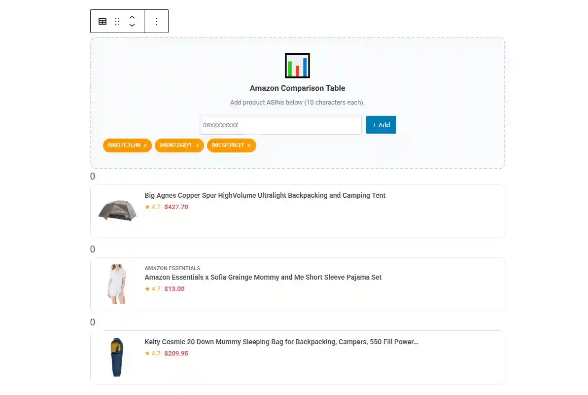 Comparison Table block in editor with ASIN pills